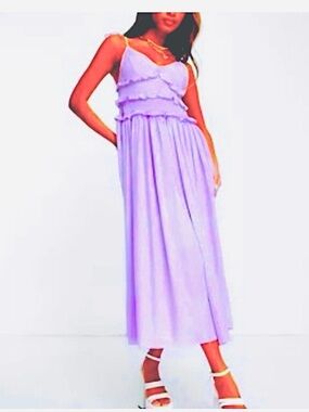 NWT TOPSHOP Shirred Midi Sun Dress Tie Shoulders Lilac 2
